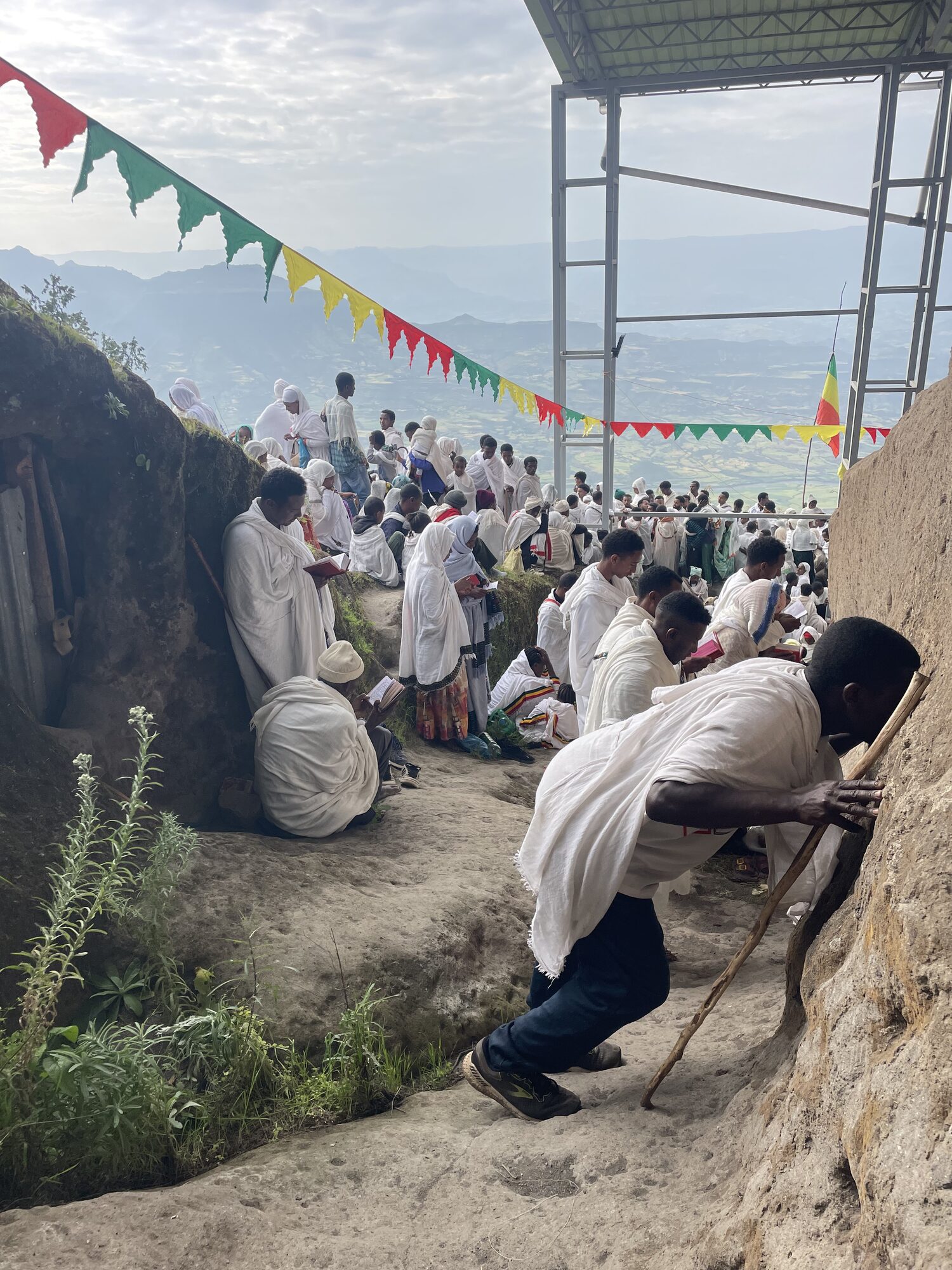 Worshippers gathered on the hillside near Lalibela's churches