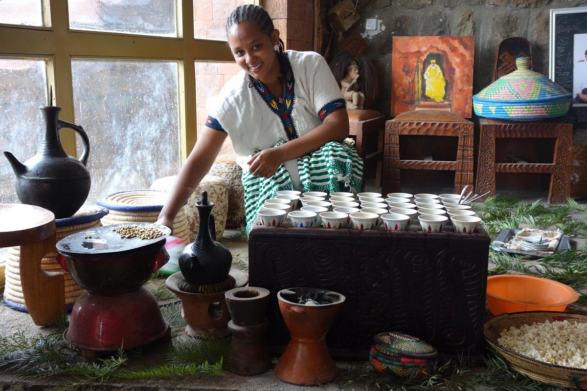 Traditional Ethiopian coffee ceremony at Zan-Seyoum Hotel