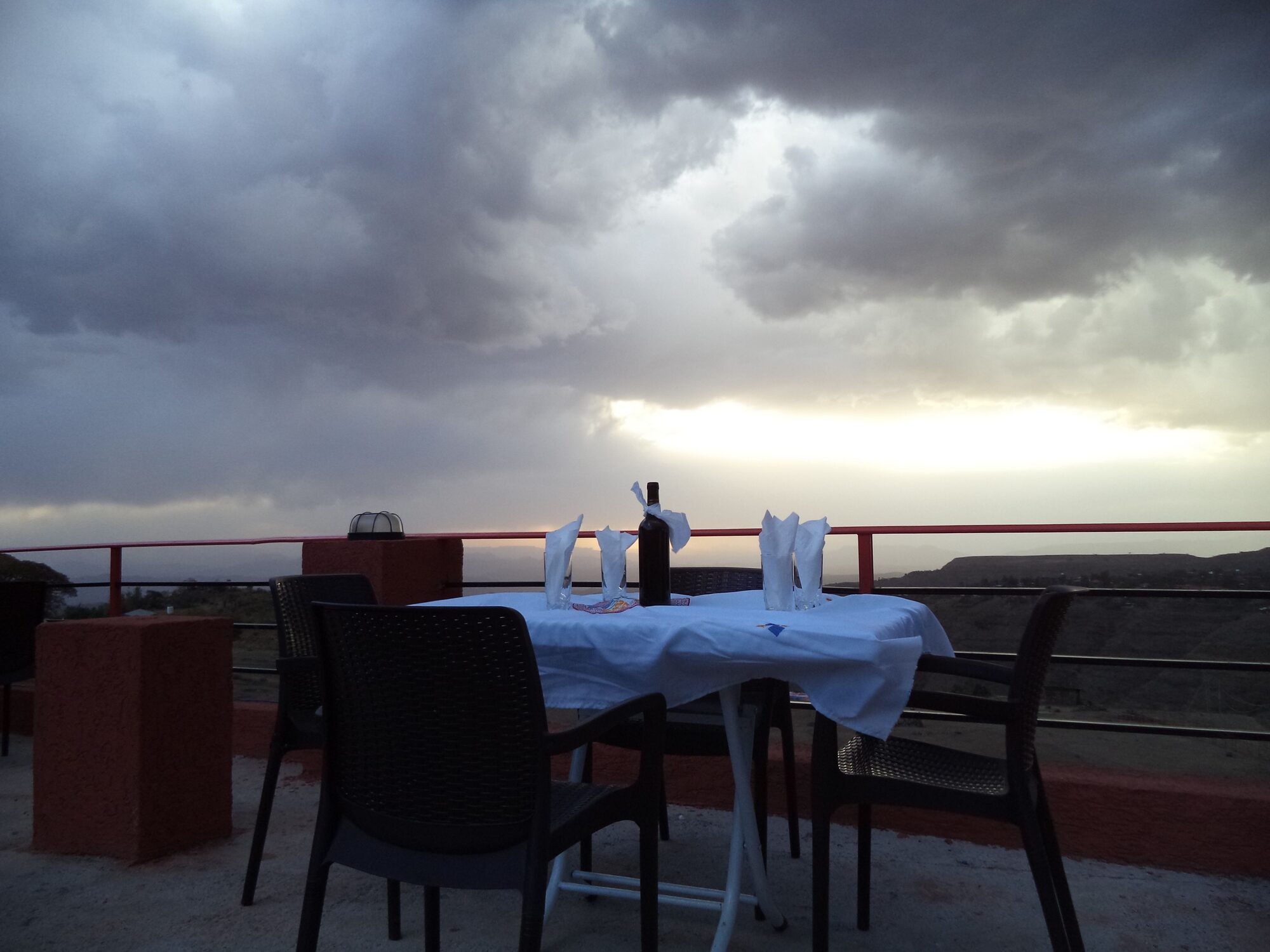 Rooftop terrace at Zan-Seyoum Hotel with views of Asheten Mountain